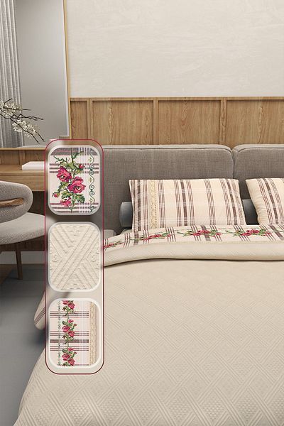 Durul Vintage Double Pique Set - 100% Cotton, Red Embroidered Beige with Side Panels