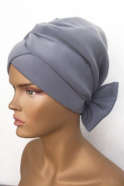 Vera Mihrace Ready Turban Bonnet Gray Cross Banded Lined Padded Bow Reversible Hijab Bonnet