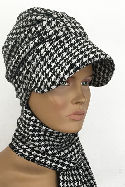 Vera Bone Hazır Türban Alya Bone Kaz Ayağı Desenli Triko Atkılı Şapka Boynu K...