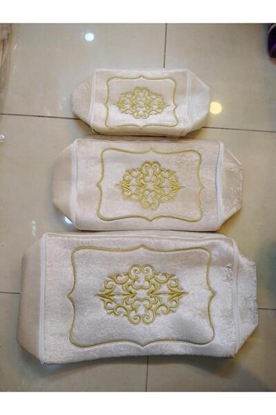 Saraylı Home SARAYLI HOME Βελούδινο χρυσό κεντημένο σετ 3 τεμαχίων για αρραβώνα, νύφη και γαμπρός, χρυσό