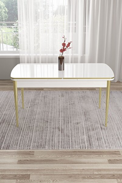 Canisa Tia Serisi,beyaz 80x132 Mdf Açılabilir Gold Ayaklı Yemek Masası
