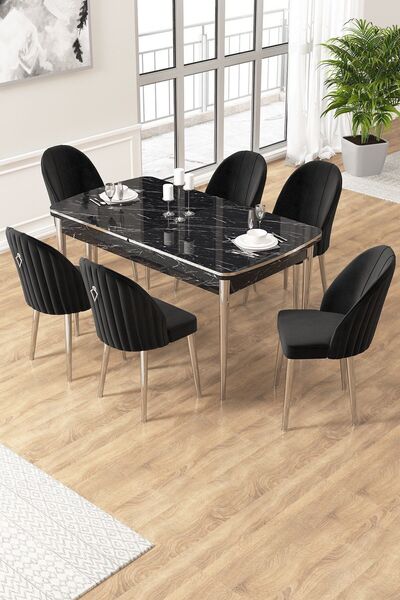 Canisa Edaf Serisi 80x132 Açılabilir Siyah Mermer Desen Mutfak Masa Takımı 6 Siyah Sandalye Krom Detay