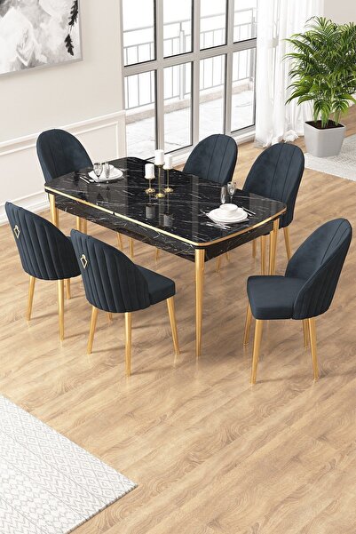 Canisa Edaf Serisi 80x132 Açılabilir Siyah Mermer Desen Mutfak Masa Takımı 6 Antrasit Sandalye Gold Detay