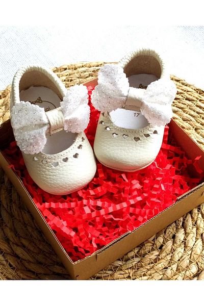MİNİBİRİ Princess Model Cream Color Baby Girl Leather Loafer Booties