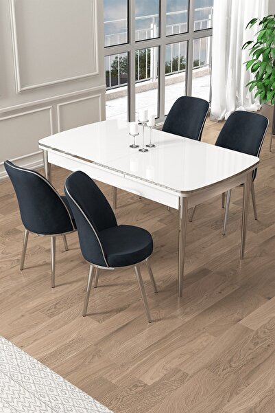 Canisa Pale Serisi 80x132 Açılabilir Beyaz Mutfak Masa Takımı 4 Antrasit Sand...