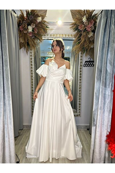 bm atelier nikah nişan saten elbise söz isteme beyaz abiye