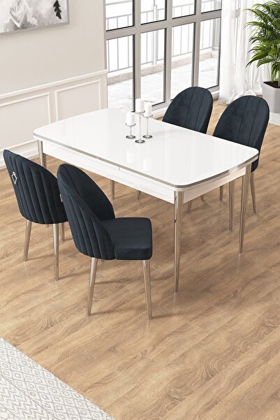 Canisa Edaf Serisi 80x132 Açılabilir Beyaz Mutfak Masa Takımı 4 Antrasit Sand...