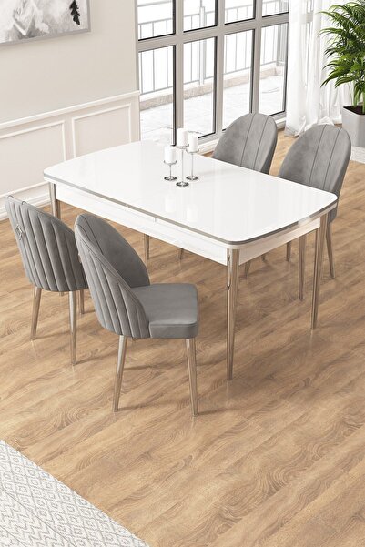 Canisa Edaf Serisi 80x132 Açılabilir Beyaz Mutfak Masa Takımı 4 Gri Sandalye ...