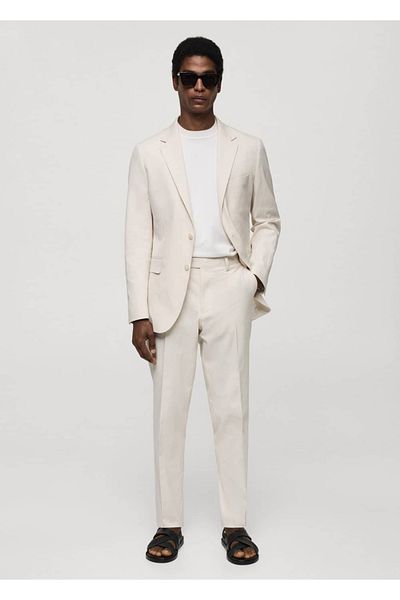 MANGO Man Striped Seersucker Cotton Slim Fit Fabric Pants