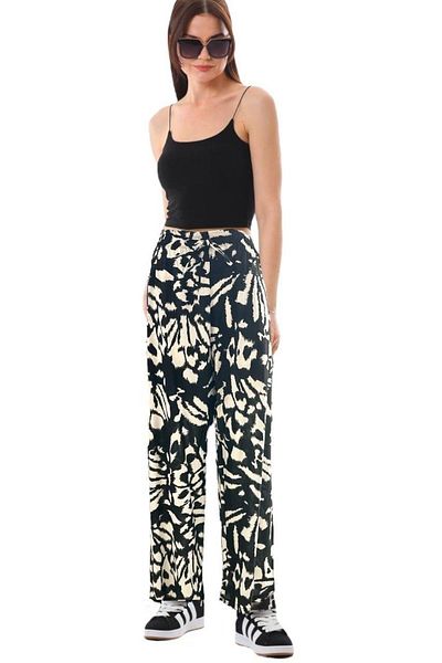 Antalya Şans Butik Black Floral Patterned Cotton Women's Trousers - Elastic Waist, Lace-up, Wide Leg