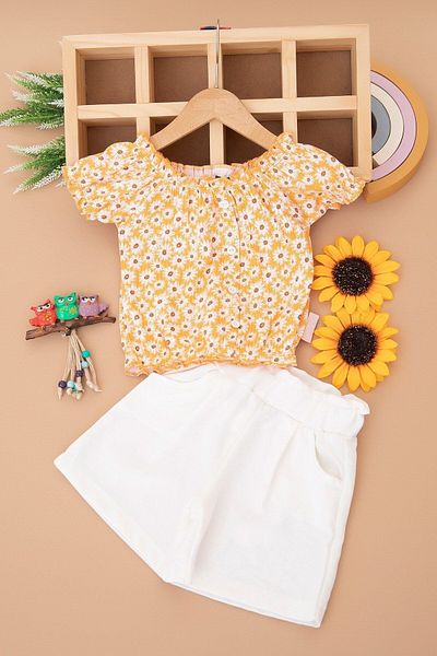 Ege Bebek Daisy Printed Ribbed Fabric Girl's Shorts Suit 3-6 YEARS - Summer Interlock R771