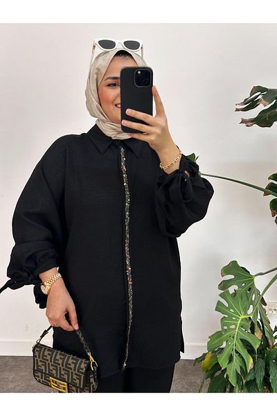 ASEL FASHİON Beaded Cotton Linen Set Black