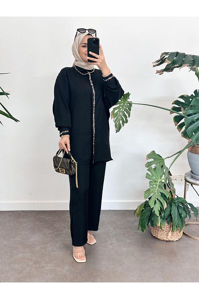 ASEL FASHİON Beaded Linen Suit Black