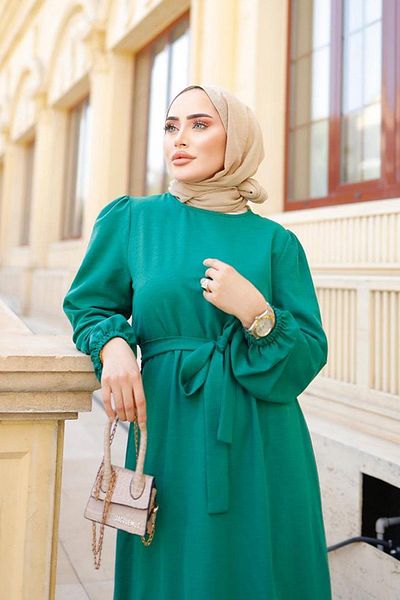 MİSSKAYLE Hijab Green Dress with Belt Detail