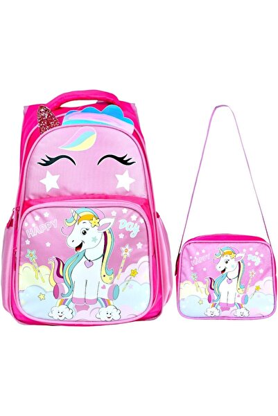 GP GUES POLO حقيبة مدرسية ابتدائية باللون الوردي بطبعة يونيكورن - ظهر مقاوم ل...