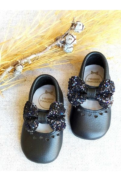 MİNİBİRİ Princess Model Black Baby Girl Leather Moccasin Booties Baby Shoes