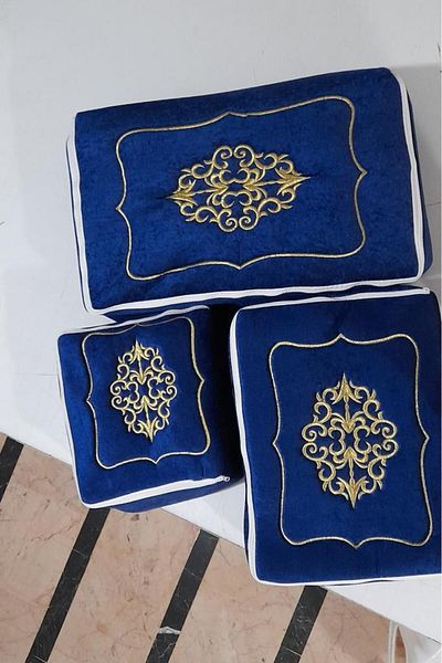 Çeyiz Diyarı Τσάντα 3 τεμαχίων Navy Blue - Κεντημένο Βελούδο, Σφουγγάρι με φερμουάρ