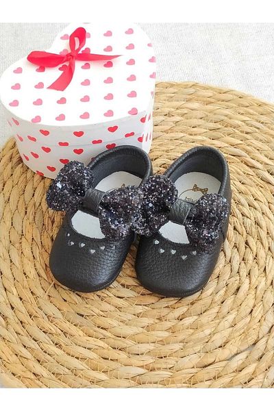 MİNİBİRİ Princess Model Black Baby Girl Leather Moccasin Booties Baby Shoes