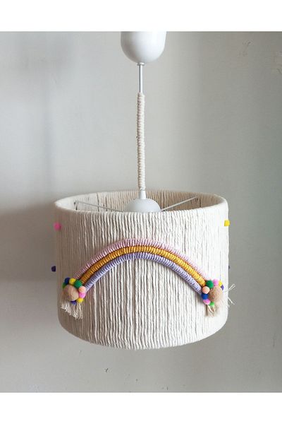 C&A&B KUZEY AVİZE Cylinder Macrame Ecru Rope Wrapped Pompom Colorful Floral Baby Girl Children's Room Pendant Lamp Chandelier