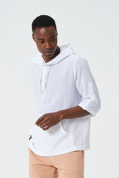 RELAXL Unisex Λευκή κουκούλα καγκουρό με τσέπη μισό κλειστό πουκάμισο oversize