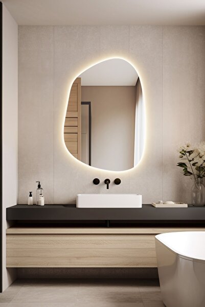Mirze Life 60x40cm Gün Işığı Ledli Asimetrik Banyo Aynası, Dekoratif Tasarım ...