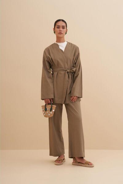 FUSHYA طقم بدلة مزدوجة بتفاصيل حزام