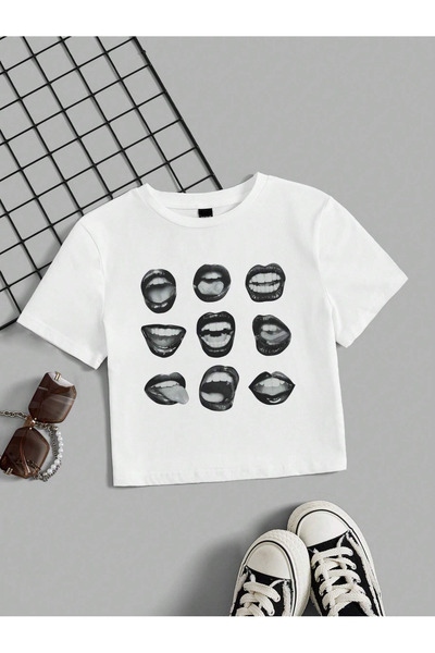 EVIus Tricou cu imprimeu Y2K pentru femei Lips Crop