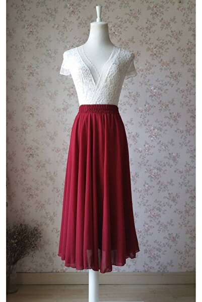NALINCI Bordo Midi Şifon Etek 75cm
