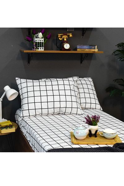 CARWEN TEKSTİL Ranfors Cotton Black and White Checkered Oversize Fabric Elastic Sheet 180x200