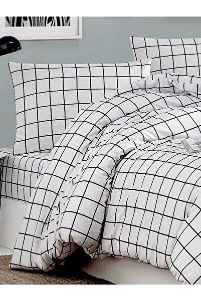 CARWEN TEKSTİL Ranfors Cotton Black and White Checkered Oversize Fabric Elastic Sheet 180x200