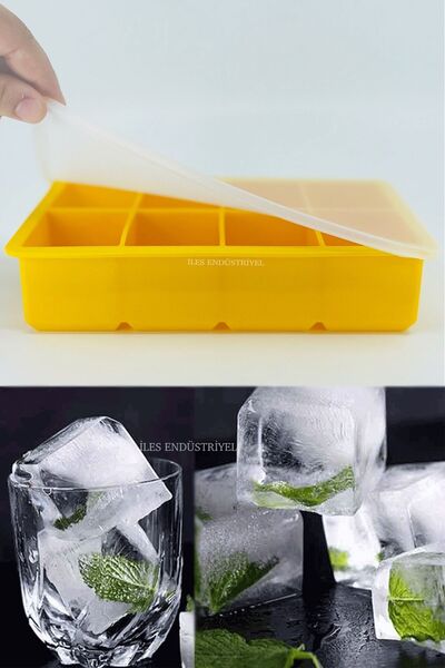 İles Gurme Kapaklı Premium Büyük 8 Bölmeli Silikon Buz Kalıbı, Sarı