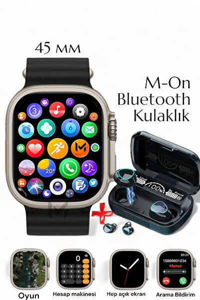 MATEO Akıllı Saat 45mm +M-On Bluetooth Kulaklık Arama, Bildirim, Oyun, Hep Aç...