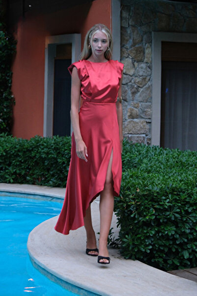 ERIMOS Kadın Mercan Rengi Bisiklet Yaka Vatka Detaylı Eteği Asimetrik Kesim Midi Elbise