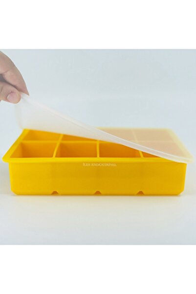 Eysigo Kapaklı Premium Büyük 8 Bölmeli Silikon Buz Kalıbı, Sarı