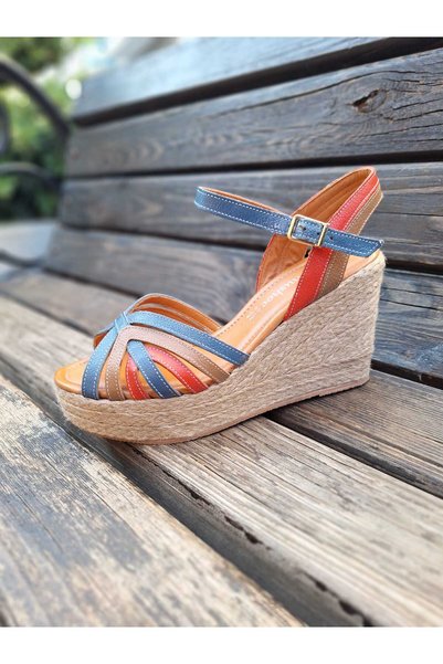 gumushoe Women's Colorful Handmade Genuine Leather Straw Wedge Heel Sandals 4389