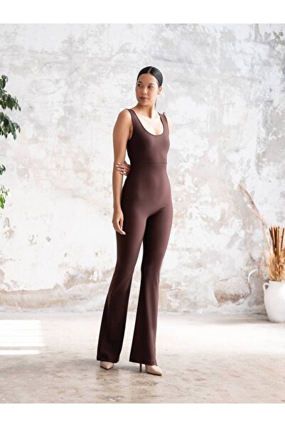 lismina Kahverengi Arkası Büzgülü ( Scrunch Butt ) İspanyol Paça Spor Tayt Tulum