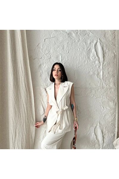 SERAH BUTİK Leinen Stoff Taille Krawatte Anzug