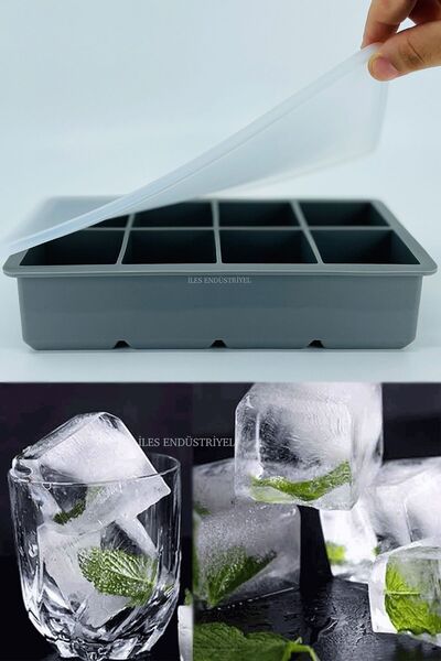 İles Gurme Kapaklı Premium Büyük 8 Bölmeli Silikon Buz Kalıbı, Gri