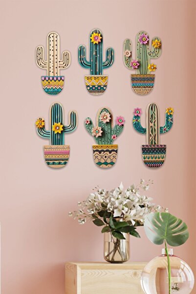 UNT Kaktüs Seti 6 lı Duvar Dekoru Süsü, Ahşap Dekoratif  Tablo