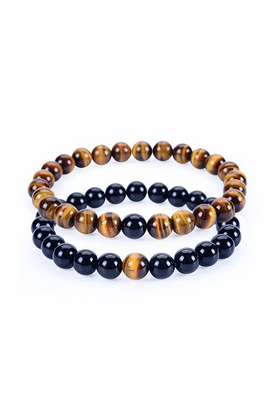 Dejavu TR Shiny Onyx and Tiger Eye Double Natural Stone Bracelet - 8mm