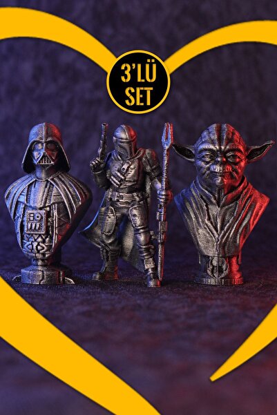 GÜRCÜ 3D Star Wars 3'lü Set Darth Vader  Yoda & Mandalorian Büst Seti 10 Cm