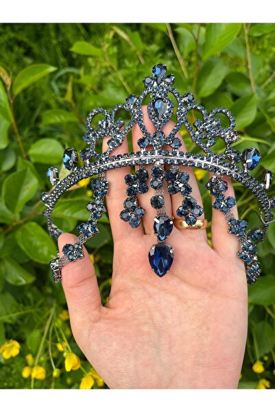 ANZE إكسسوارات تاج الزفاف من حجر الكريستال باللون الأزرق الداكن