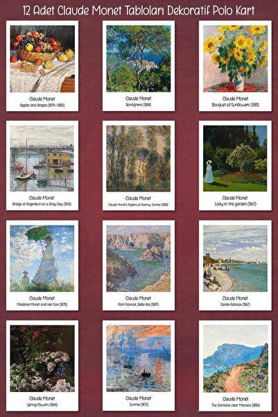 Runrux Claude Monet Tabloları 12 Adet Dekoratif Polo Kart - Sanatsal Poster K...