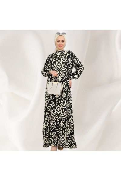 TIWCO Rochie neagră cu model autentic cu guler judecător