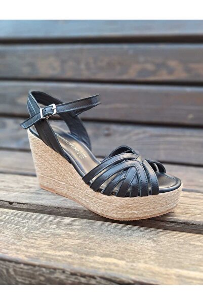 gumushoe Women's Black Handmade Genuine Leather Straw Wedge Heel Sandals 4389