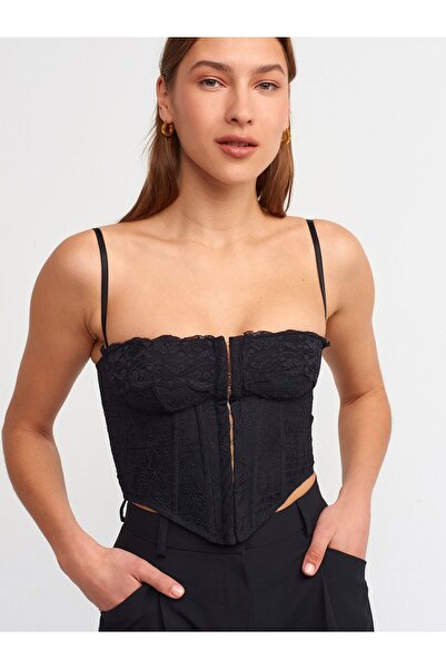 FASHION COCKTAIL Чорний симетричний жіночий боді - з корсетом на спині, мереживом і застібкою спереду