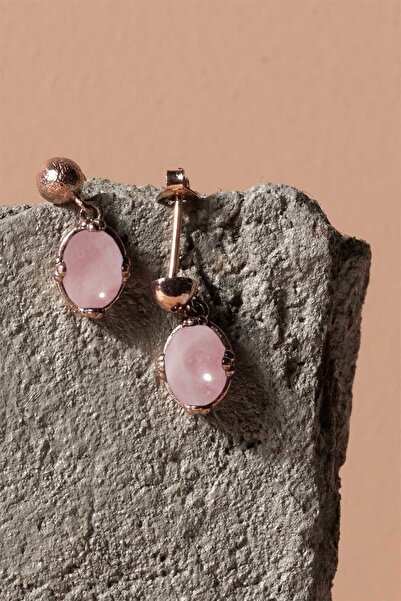 Takıdepo Pembe Kuvars Taşlı Minimal Gümüş Kadın Küpe-Rose Rengi