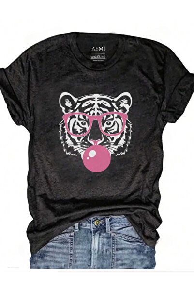 AEMİ Aslan Štampano Žene Oversize kroj Crna Pamuk T-shirt - Sa naočarima