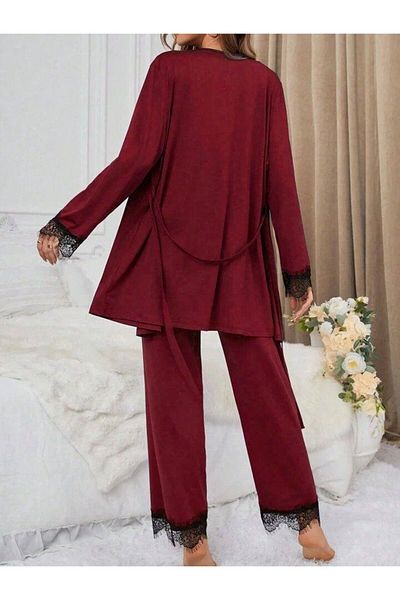 MEYLİYA 3-Piece Women's Pajamas Set with Dressing Gown Burgundy Color Lace Detail
