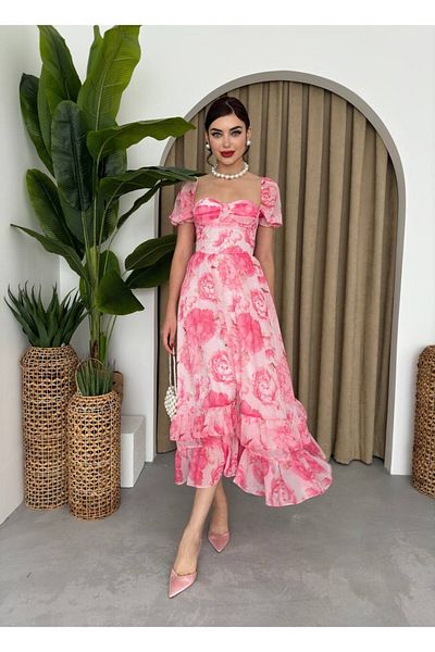 SWENS Rochie midi din șifon cu imprimeu floral roz - cu volane și cupe, căptușită de vară